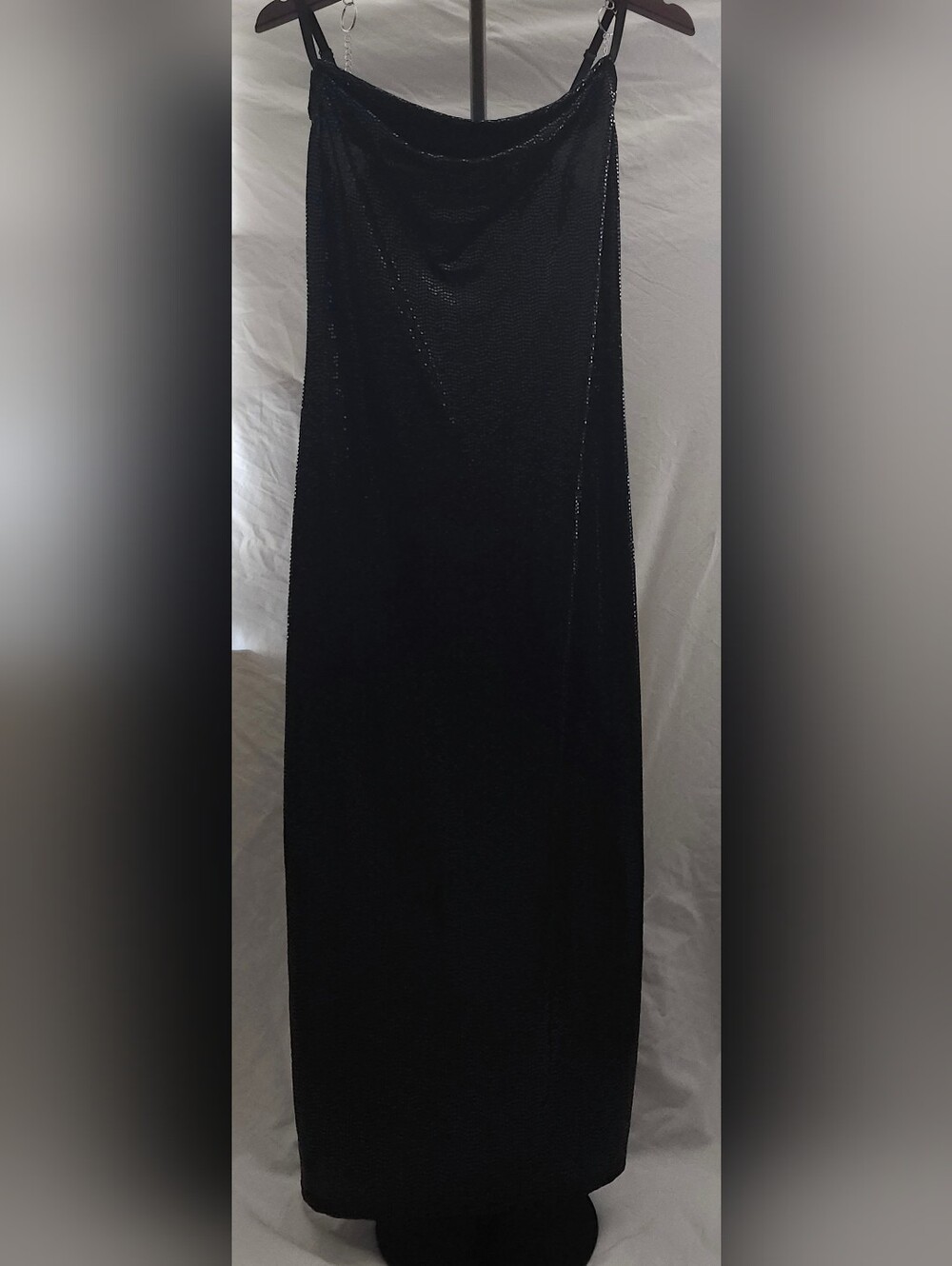 Vintage Y2K Black Sequin Cowl Neck Maxi Dress Spaghetti Strap L